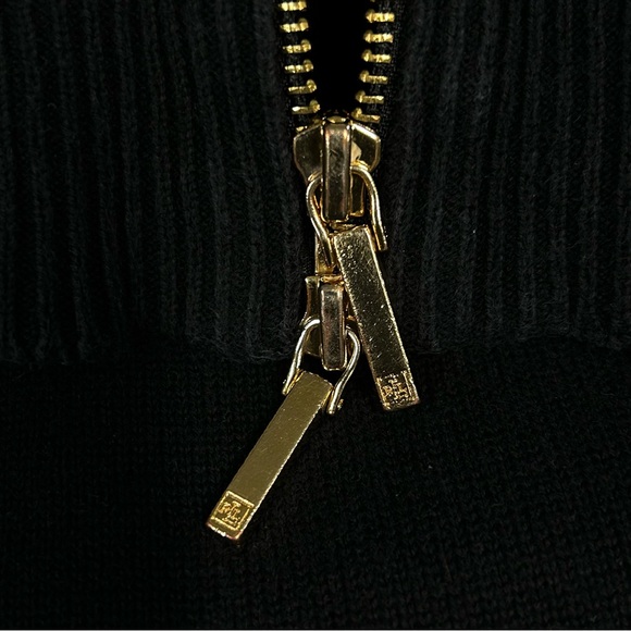 Lauren Ralph Lauren Knit Top Petite Size M Short Sleeve Zip Up 100% Cotton Black - Picture 4 of 11